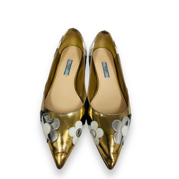 PRADA Gold Metallic Floral Appliqué Leather Pointed Toe Ballet Flats 38.5 - Picture 4 of 8